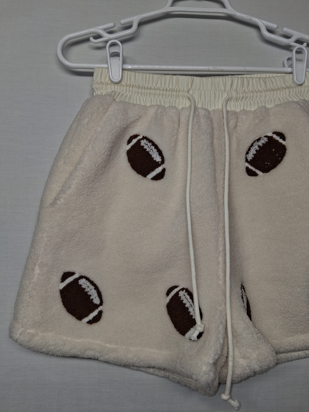 Why Dress Cream Sherpa Football Print Women's Shorts - Picture 3 of 14